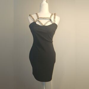 Red Clover Black Cocktail Mini Party Dress with Gold Sequin Straps Medium EUC